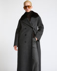 Loose cashmere-blend long coat with detachable mink fur collar