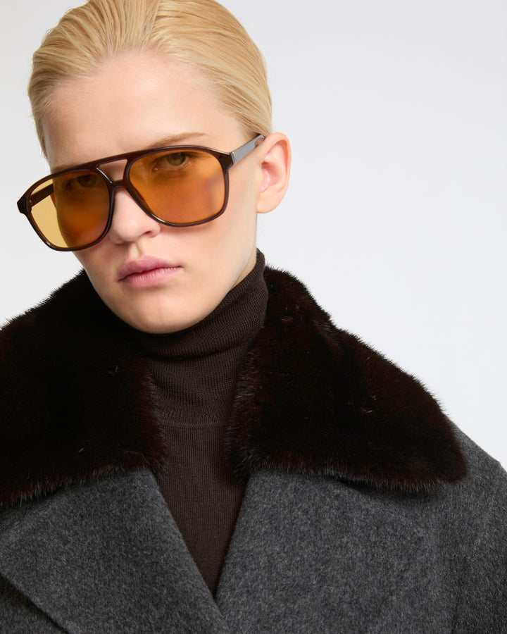 Long cashmere wool coat with mink fur collar
