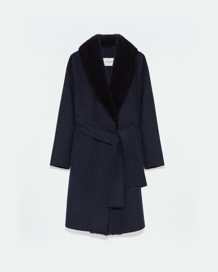 Black Friday - Yves Salomon - Cashmere wool coat with mink fur collar and facing - dark blue - front view