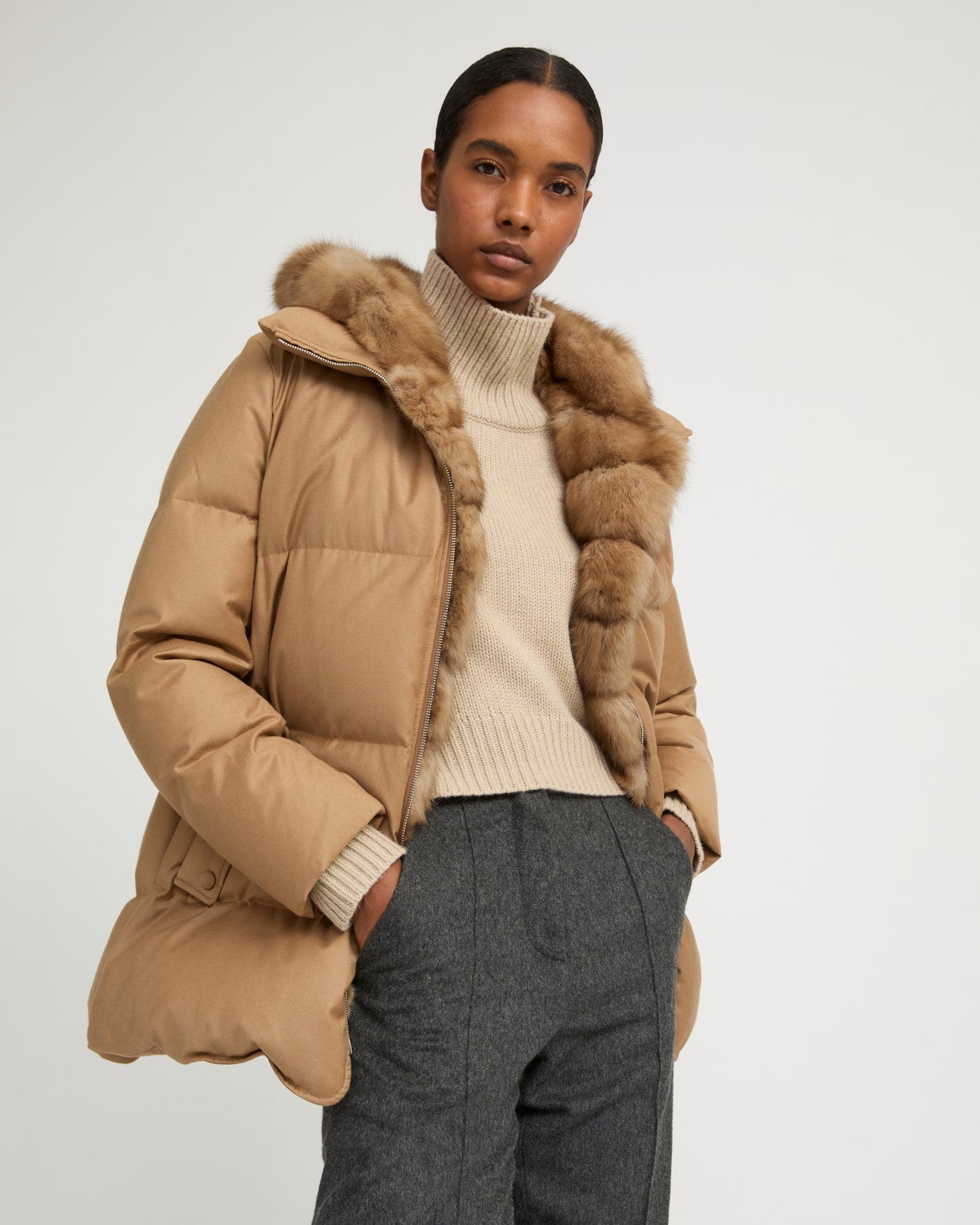 Flannel down jacket with detachable sable fur bib - Yves Salomon