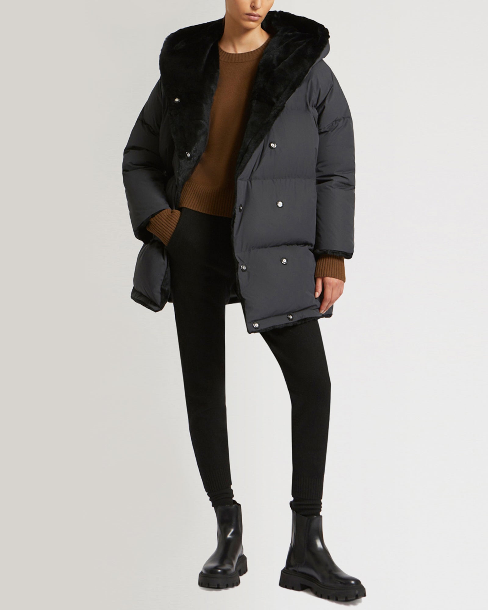 Winter sale & boxing day Yves Salomon -Reversible down jacket in waterproof technical fabric and sheared rabbit