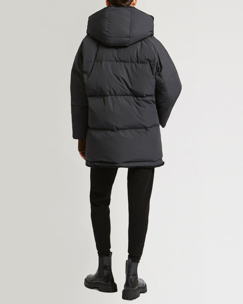 Reversible down jacket in waterproof technical fabric and sheared rabbit