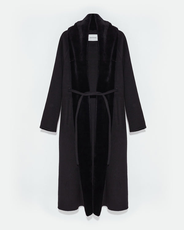 Cashmere wool coat with mink fur inner collar and facing - black - Yves Salomon