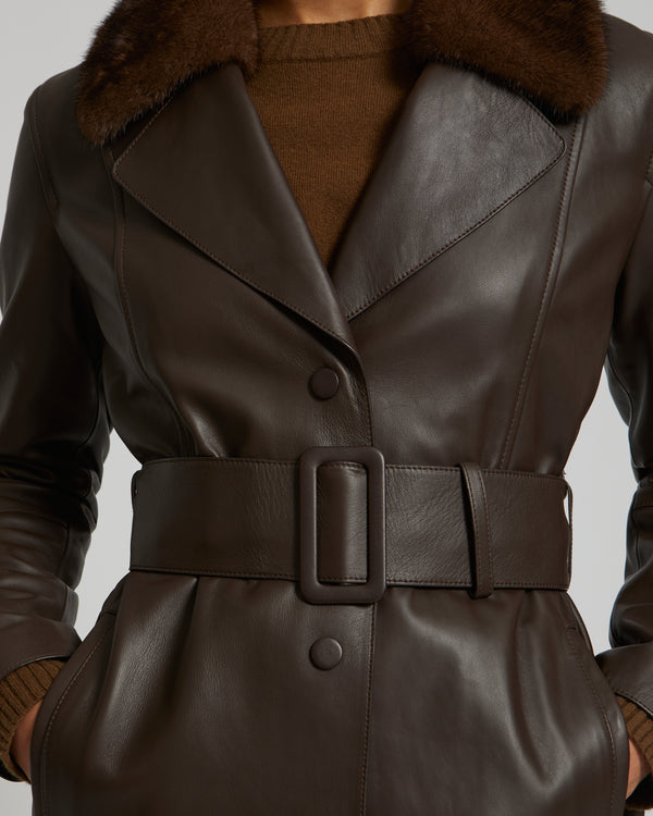 Lamb leather coat with a mink fur collar - brown - Yves Salomon