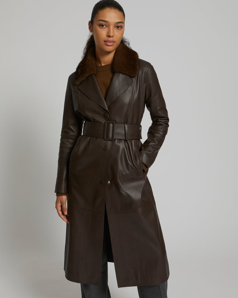 Lamb leather coat with a mink fur collar - brown - Yves Salomon