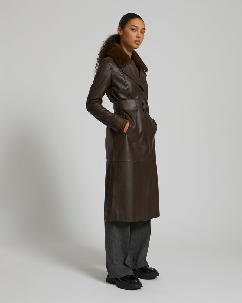 Lamb leather coat with a mink fur collar - brown - Yves Salomon