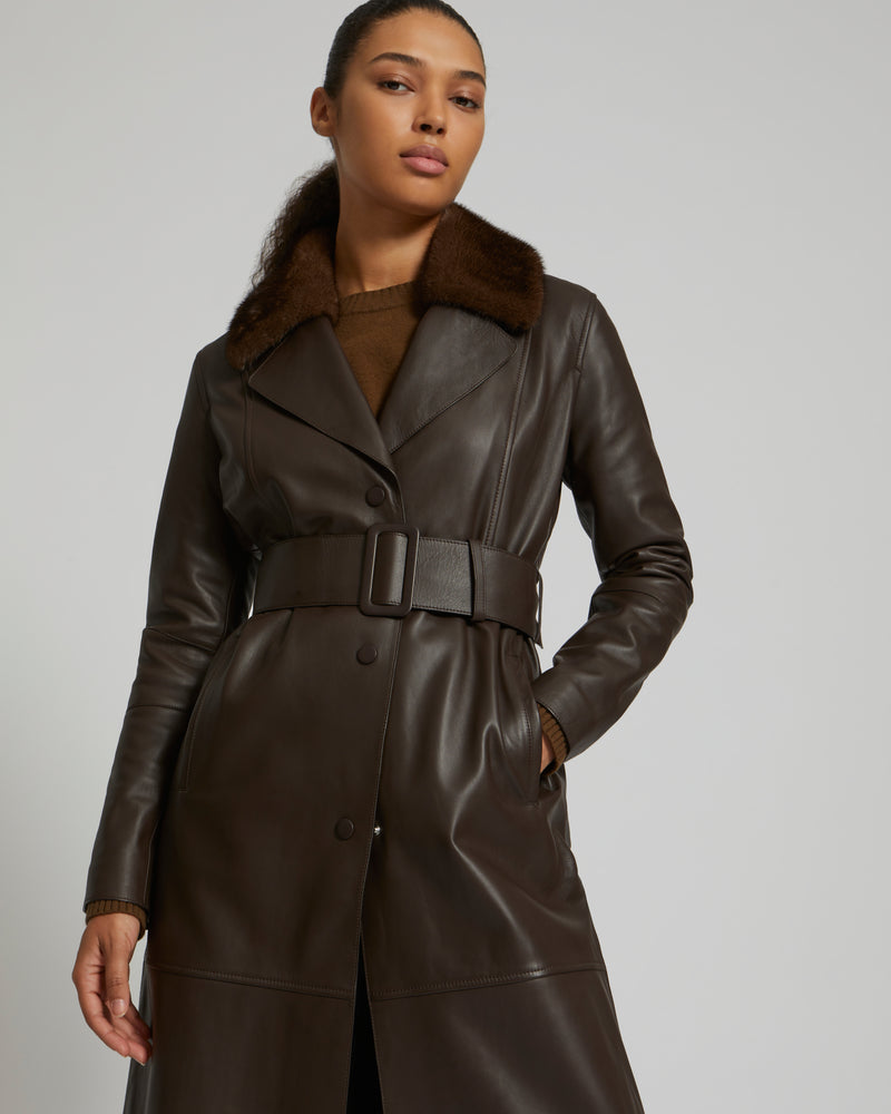 Lamb leather coat with a mink fur collar - brown - Yves Salomon