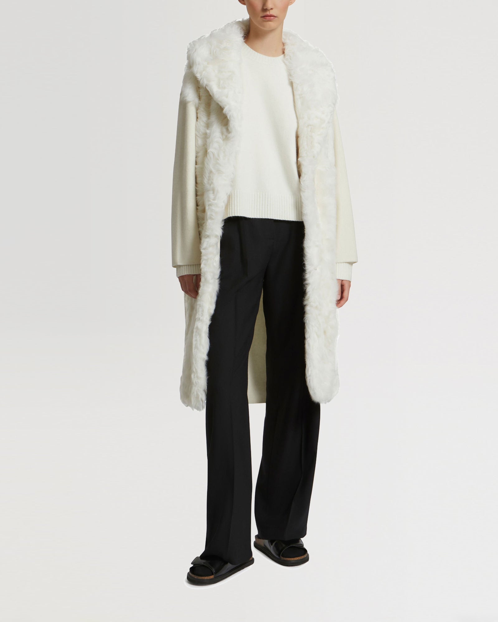 ベスト・ジレ YVES SALOMON Women Outer 24WFG07010T08GA1012 WHITE Long cardigan in knit and lambskin - white - Yves Salomon