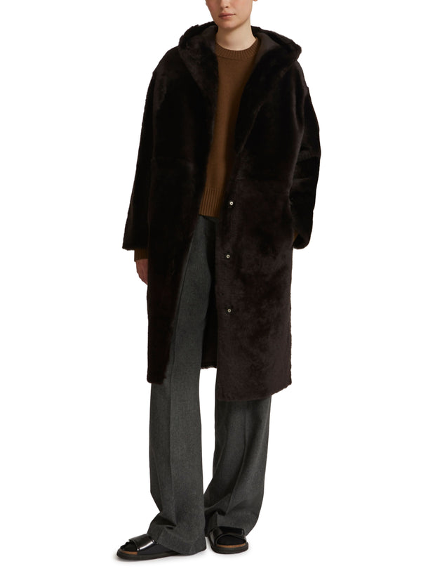 Long hooded shearling coat