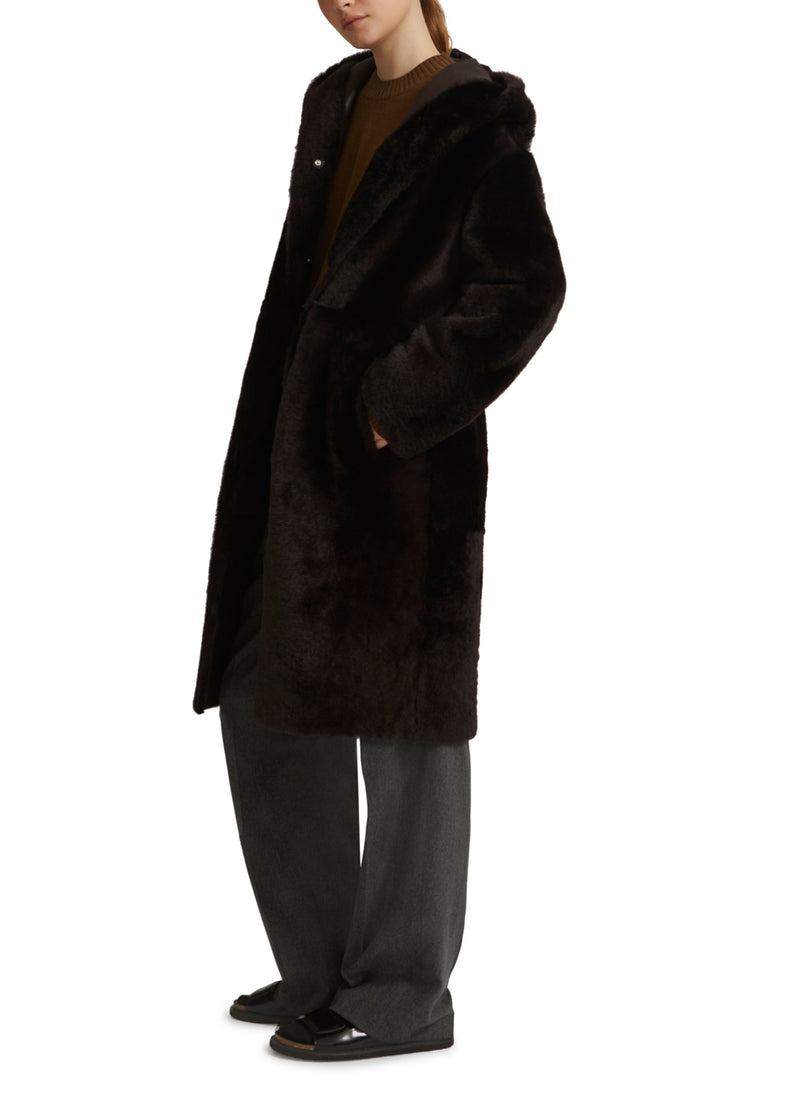 Long hooded shearling coat