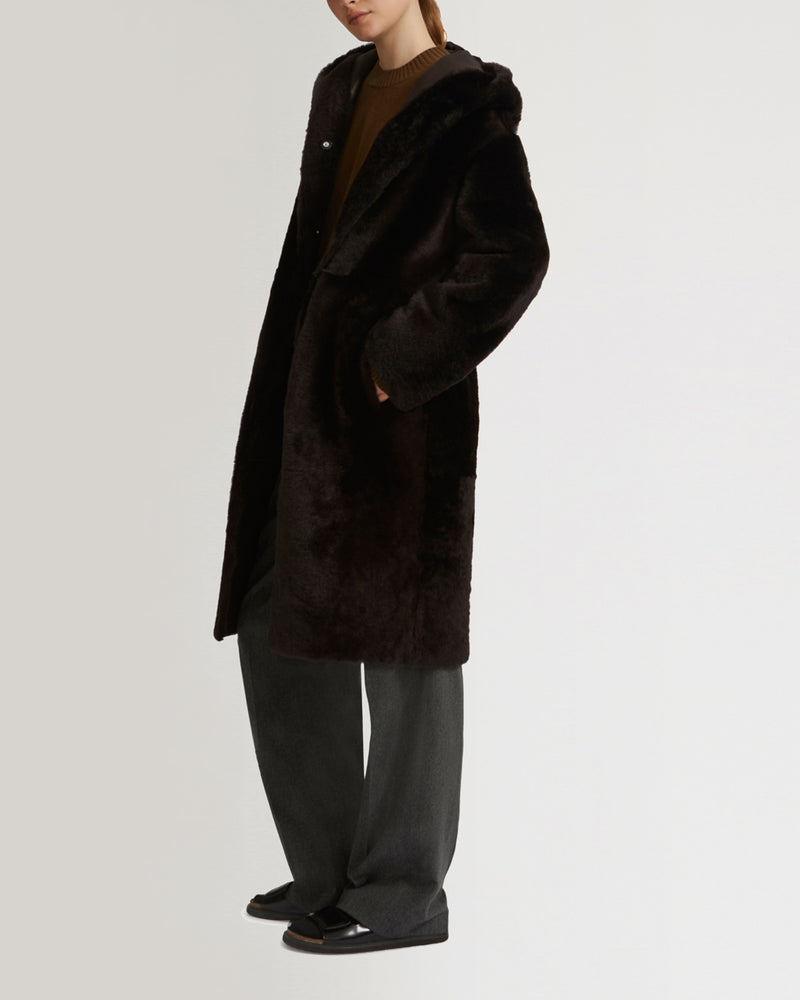 Long hooded shearling coat