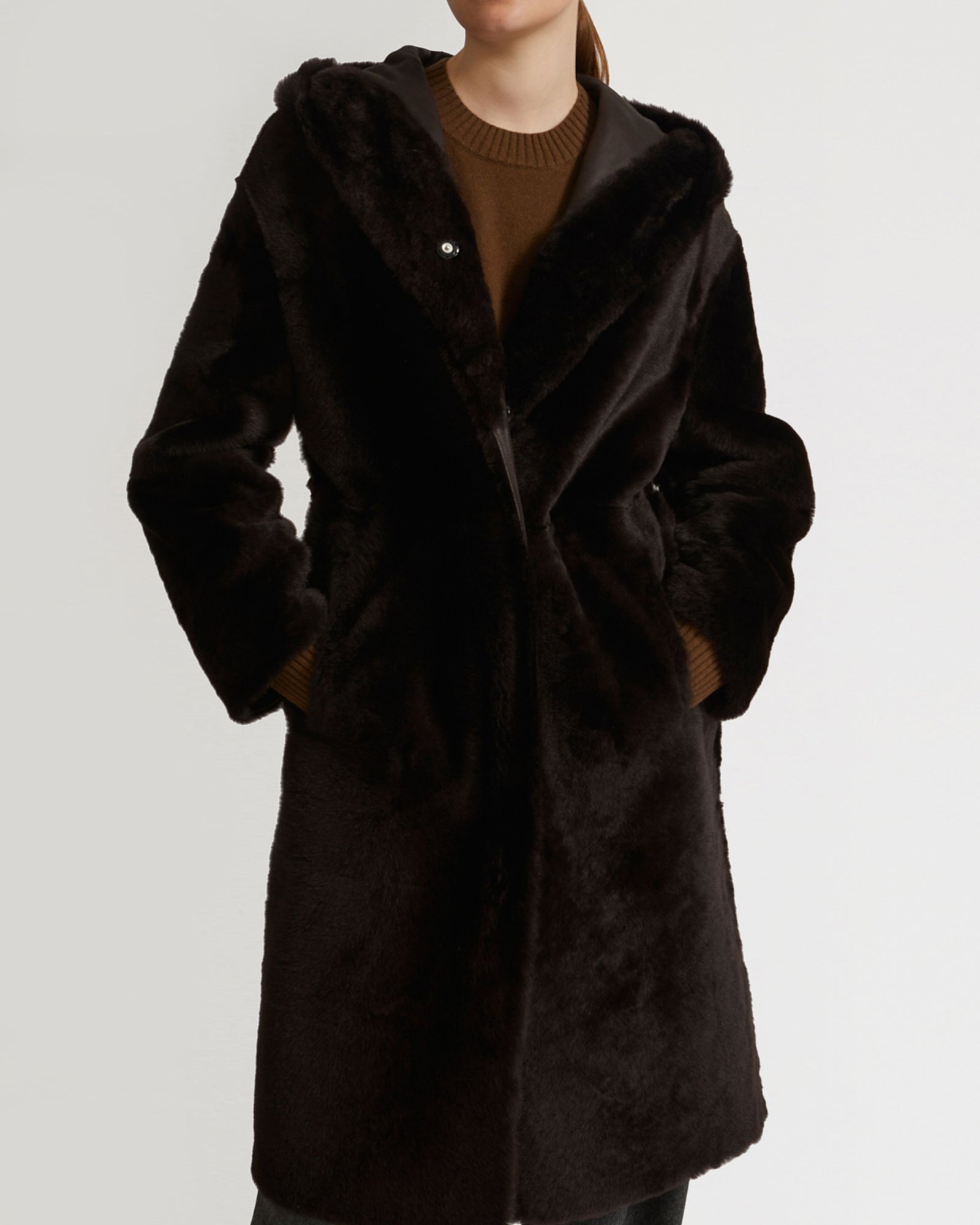 Long hooded shearling coat - brown - Yves Salomon – Yves