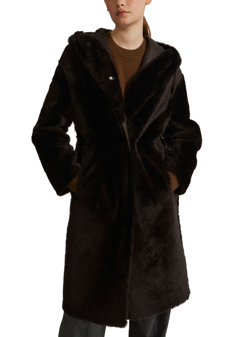 Long hooded shearling coat