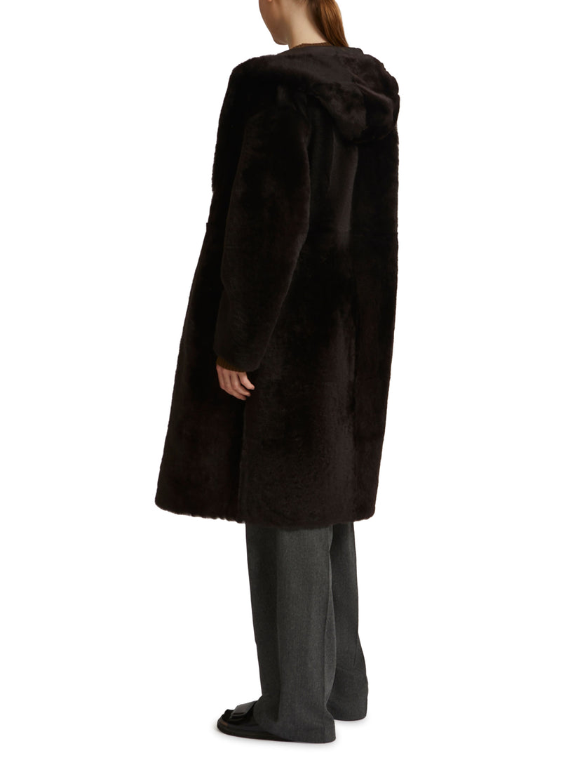 Long hooded shearling coat