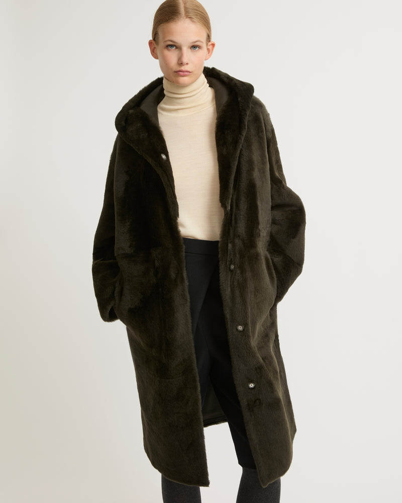 Long hooded shearling coat - khaki - Yves Salomon