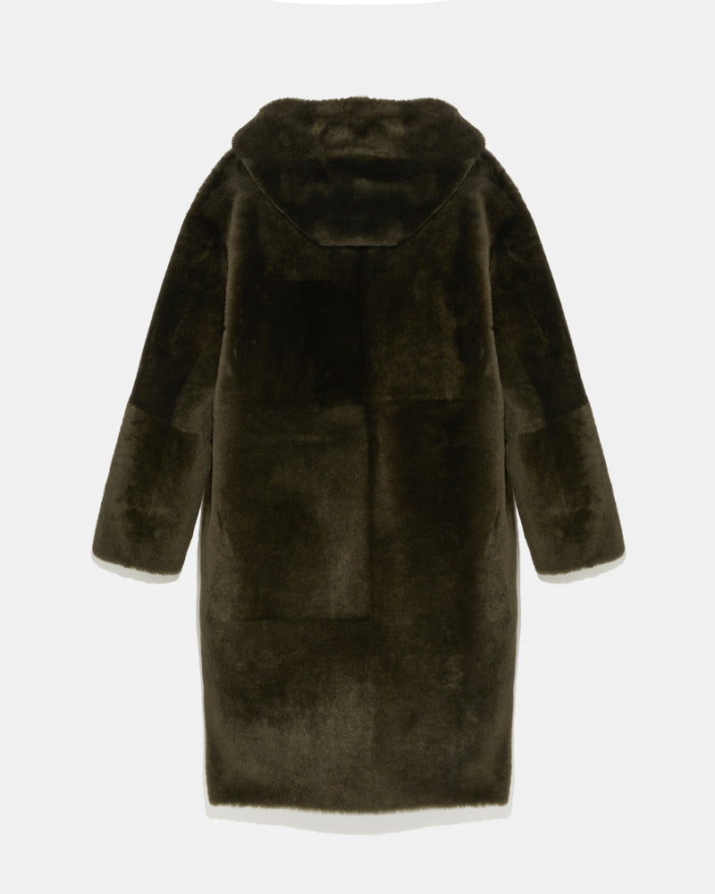 Long hooded shearling coat