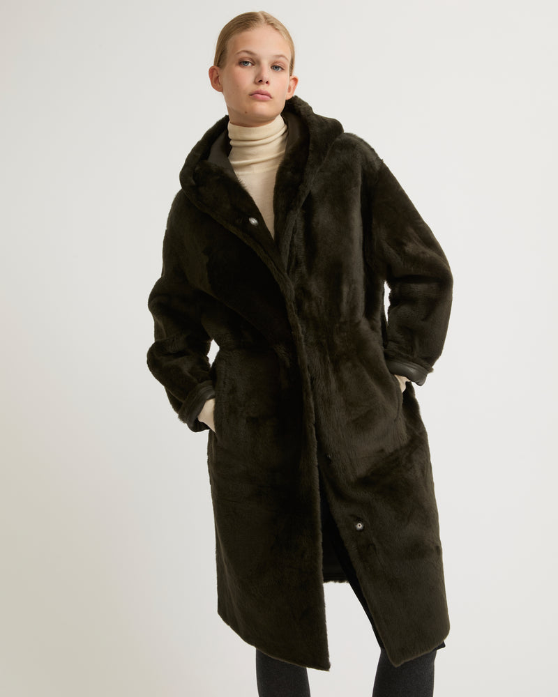 Long hooded shearling coat - khaki - Yves Salomon