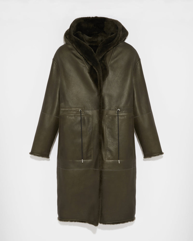 Long hooded shearling coat