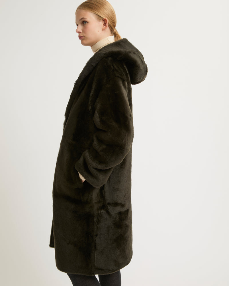 Long hooded shearling coat - khaki - Yves Salomon