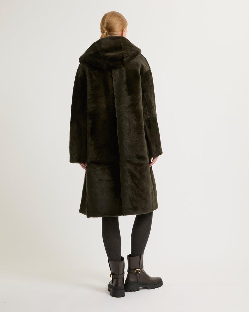 Long hooded shearling coat - khaki - Yves Salomon