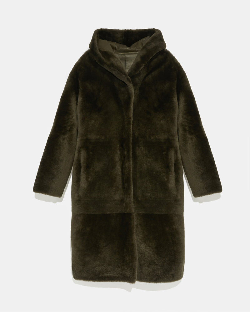 Long hooded shearling coat