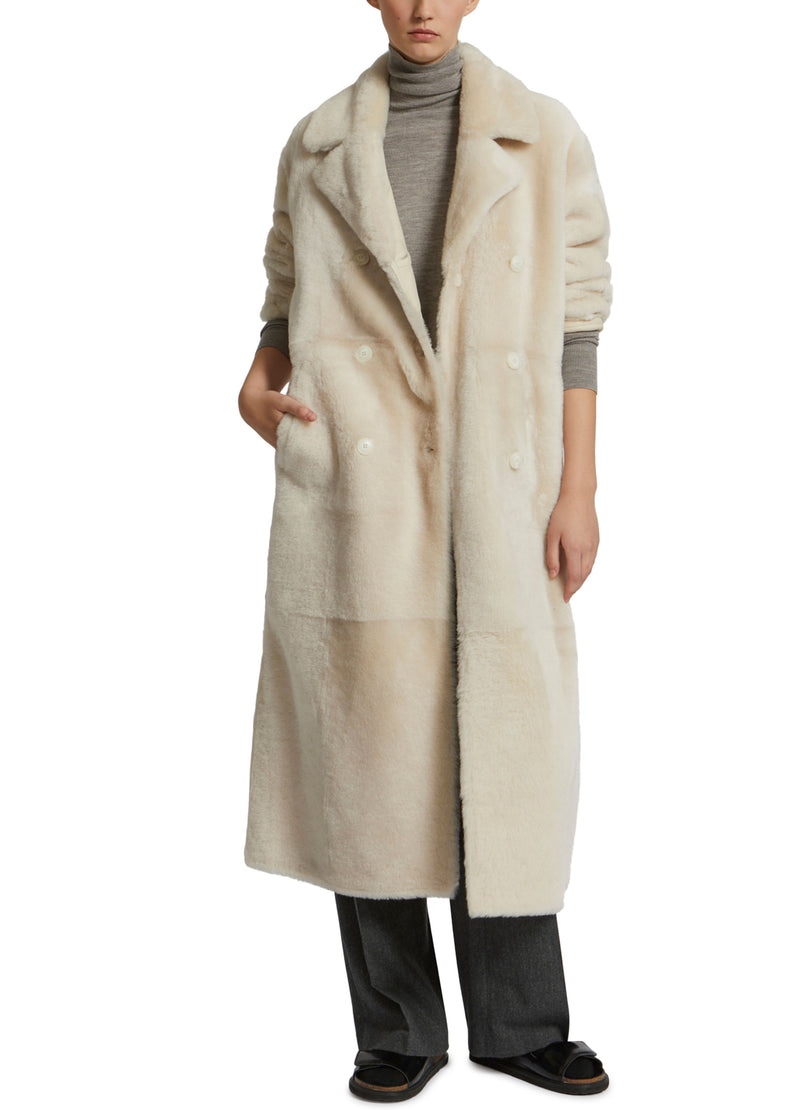 Long double-breasted shearling coat