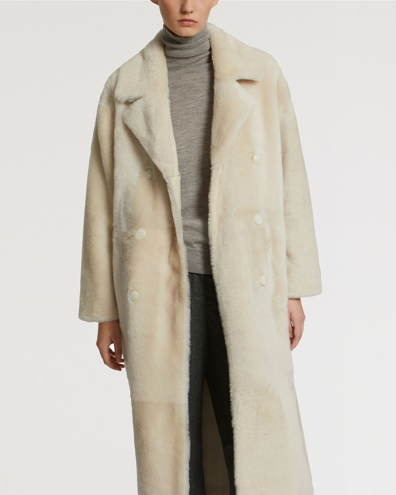 Long double-breasted shearling coat