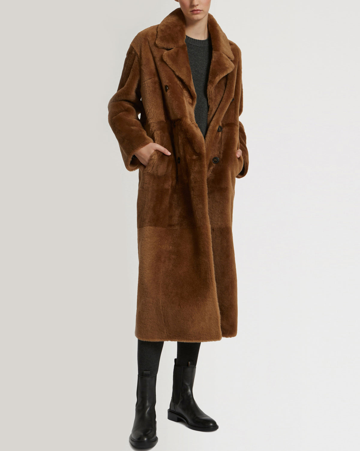 Long double-breasted shearling coat -Yves Salomon