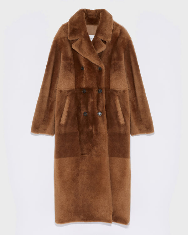 Long double-breasted shearling coat - brown - Yves Salomon