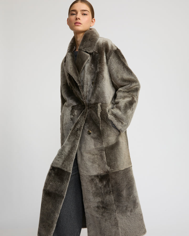 Long double-breasted shearling coat