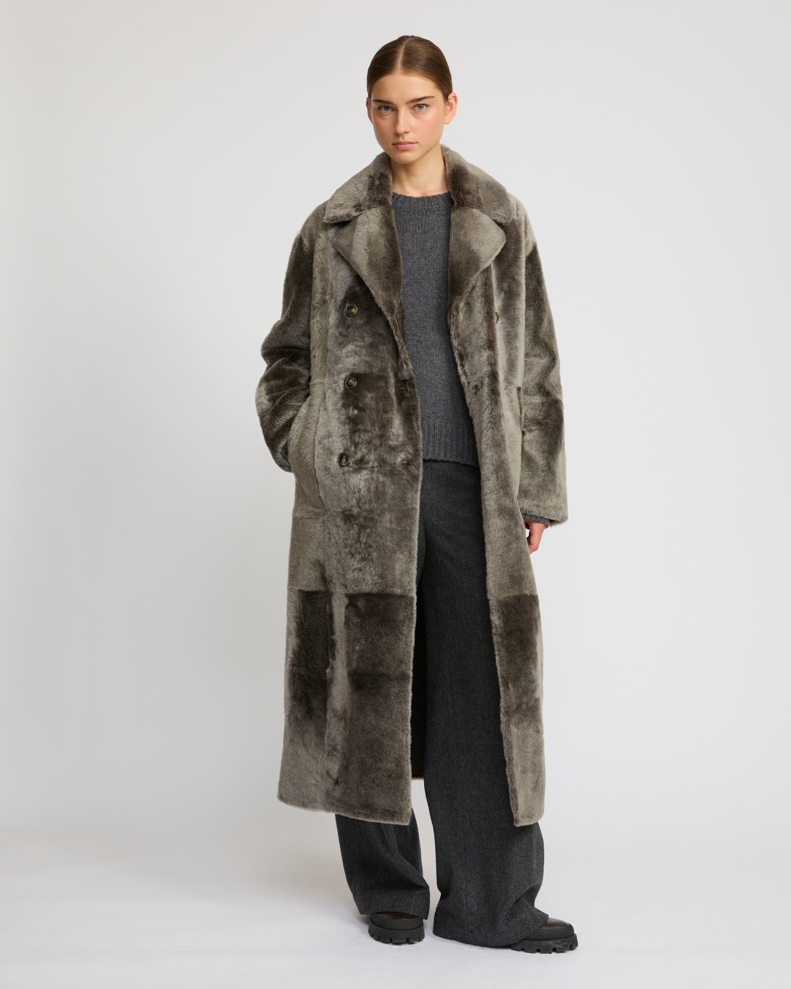 Long double-breasted shearling coat - grey - Yves Salomon – Yves