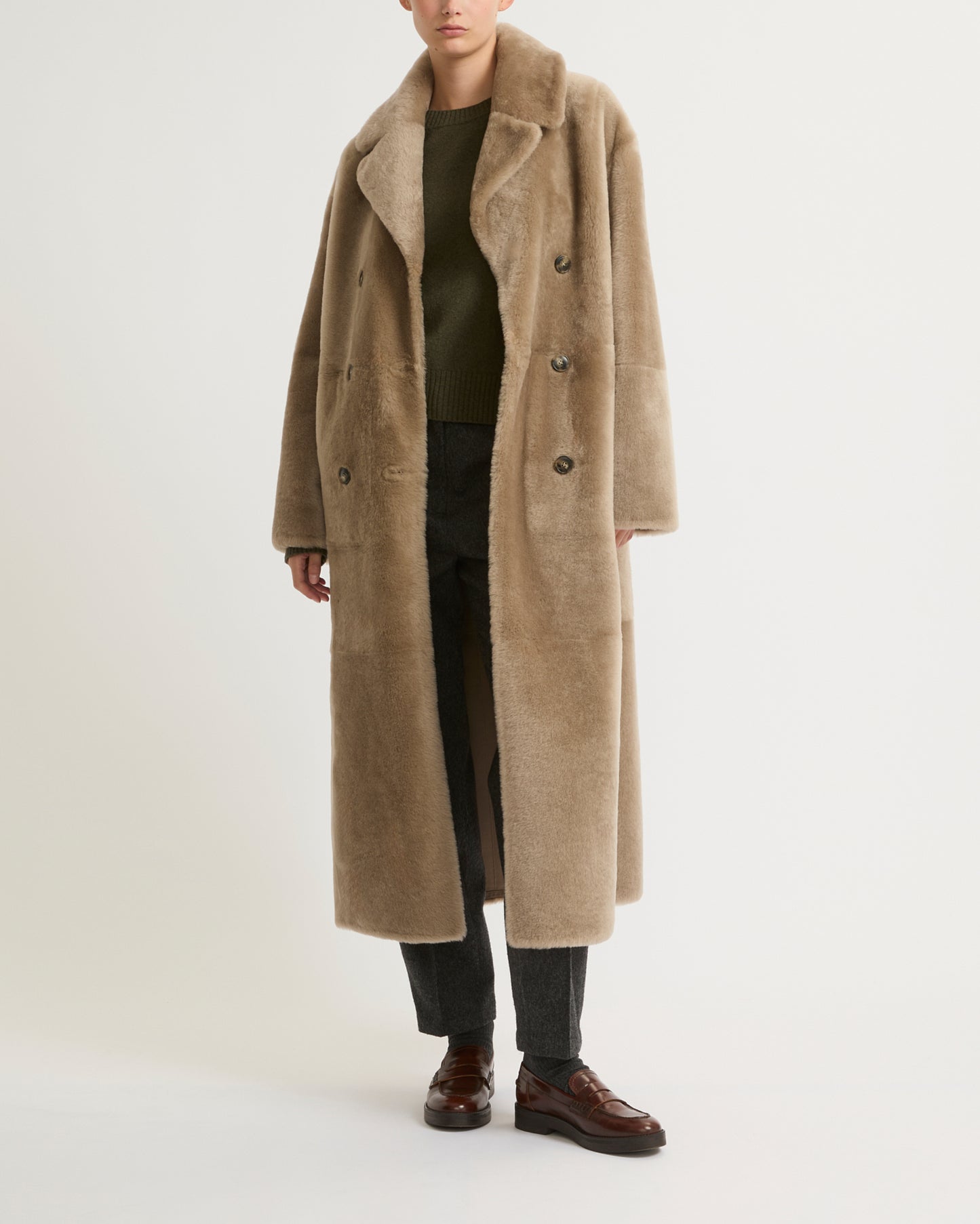 Long double-breasted shearling coat