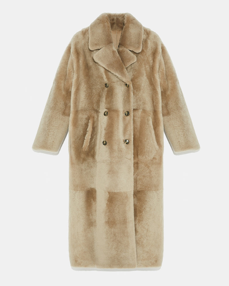 Long double-breasted shearling coat