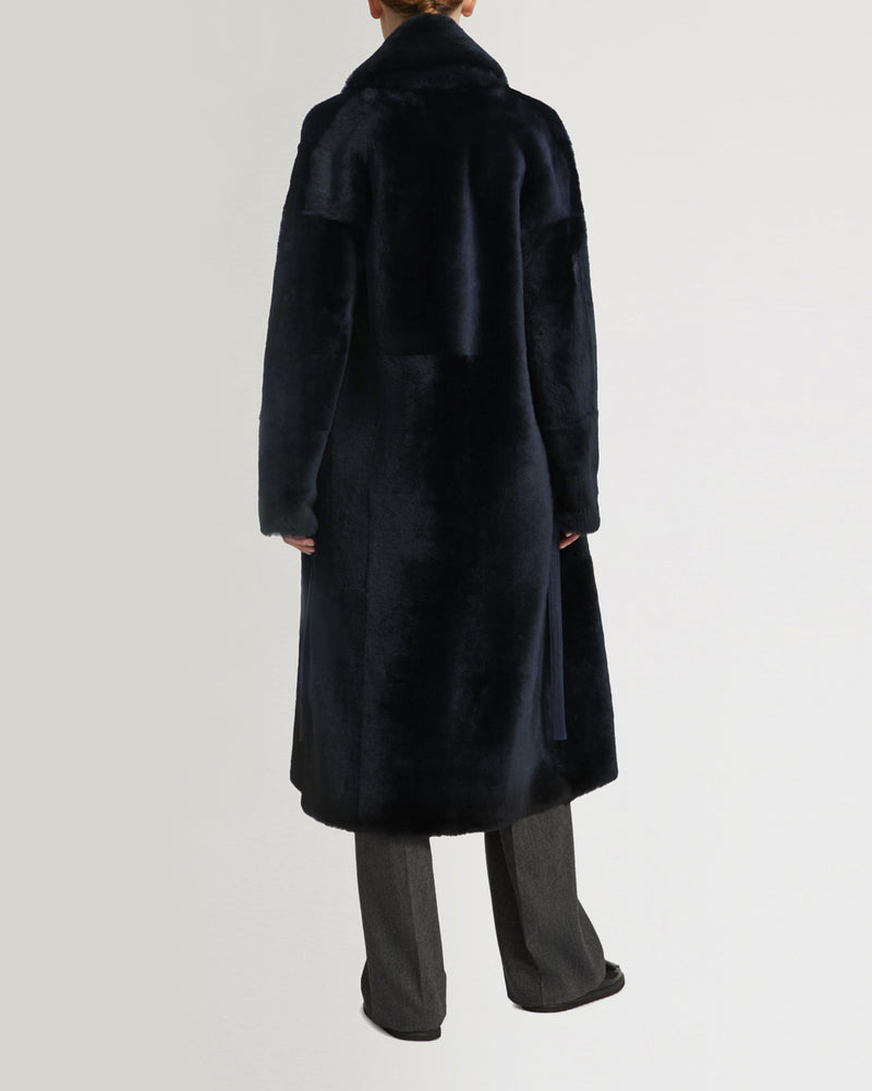 Long belted shearling coat