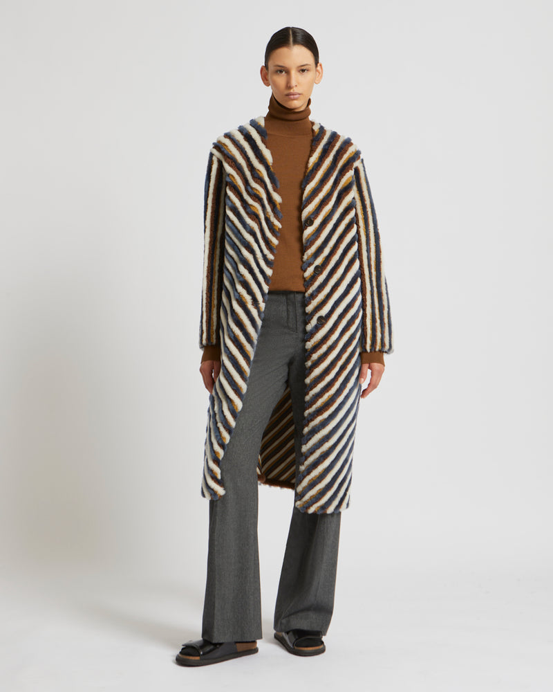 Long belted coat in merino and merinillo wool - black/white/brown - Yves Salomon