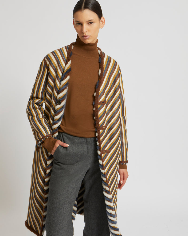 Long belted coat in merino and merinillo wool - black/white/brown - Yves Salomon