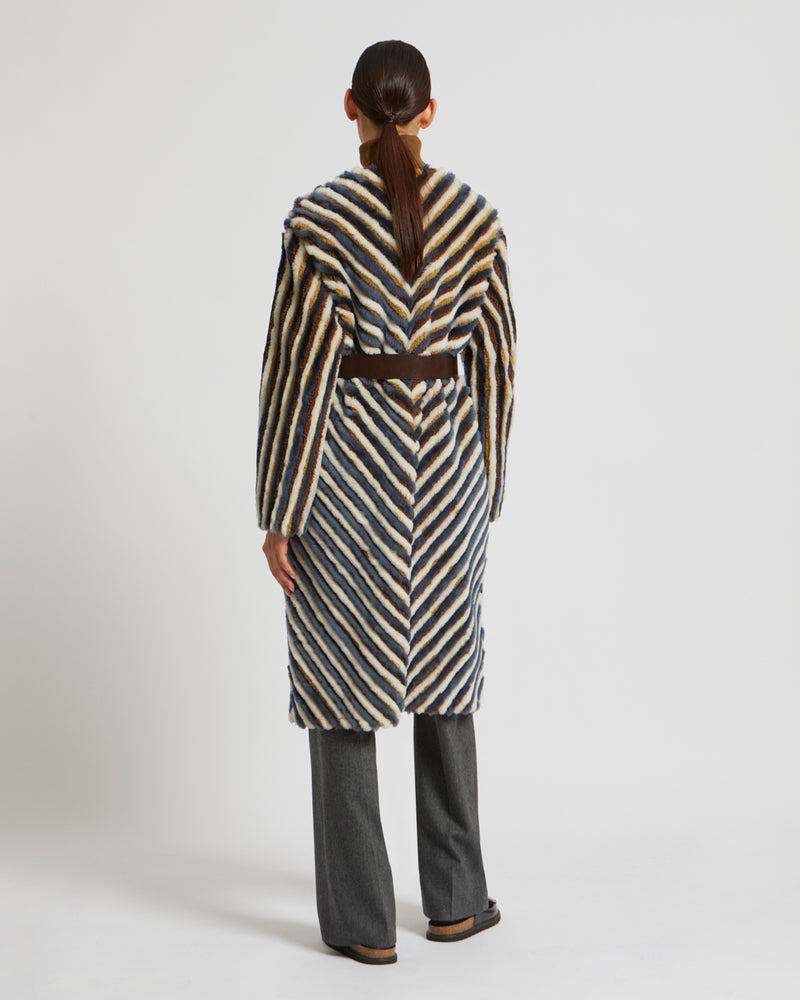 Long belted coat in merino and merinillo wool - black/white/brown - Yves Salomon