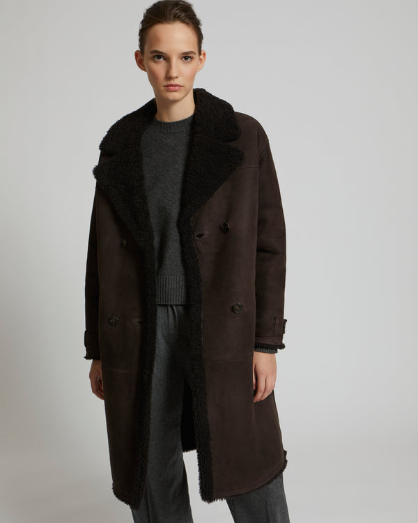 Long double-breasted coat in merino wool