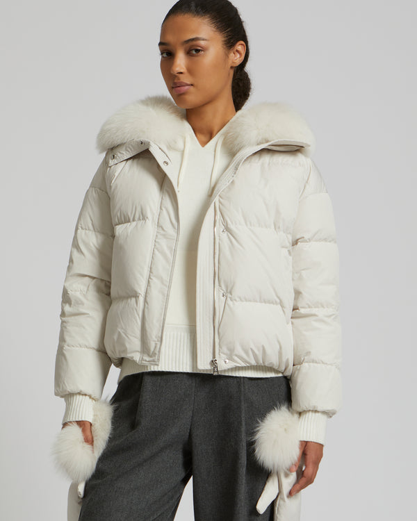 Boxy down jacket in waterproof technical fabric with fox fur collar - white - Yves Salomon