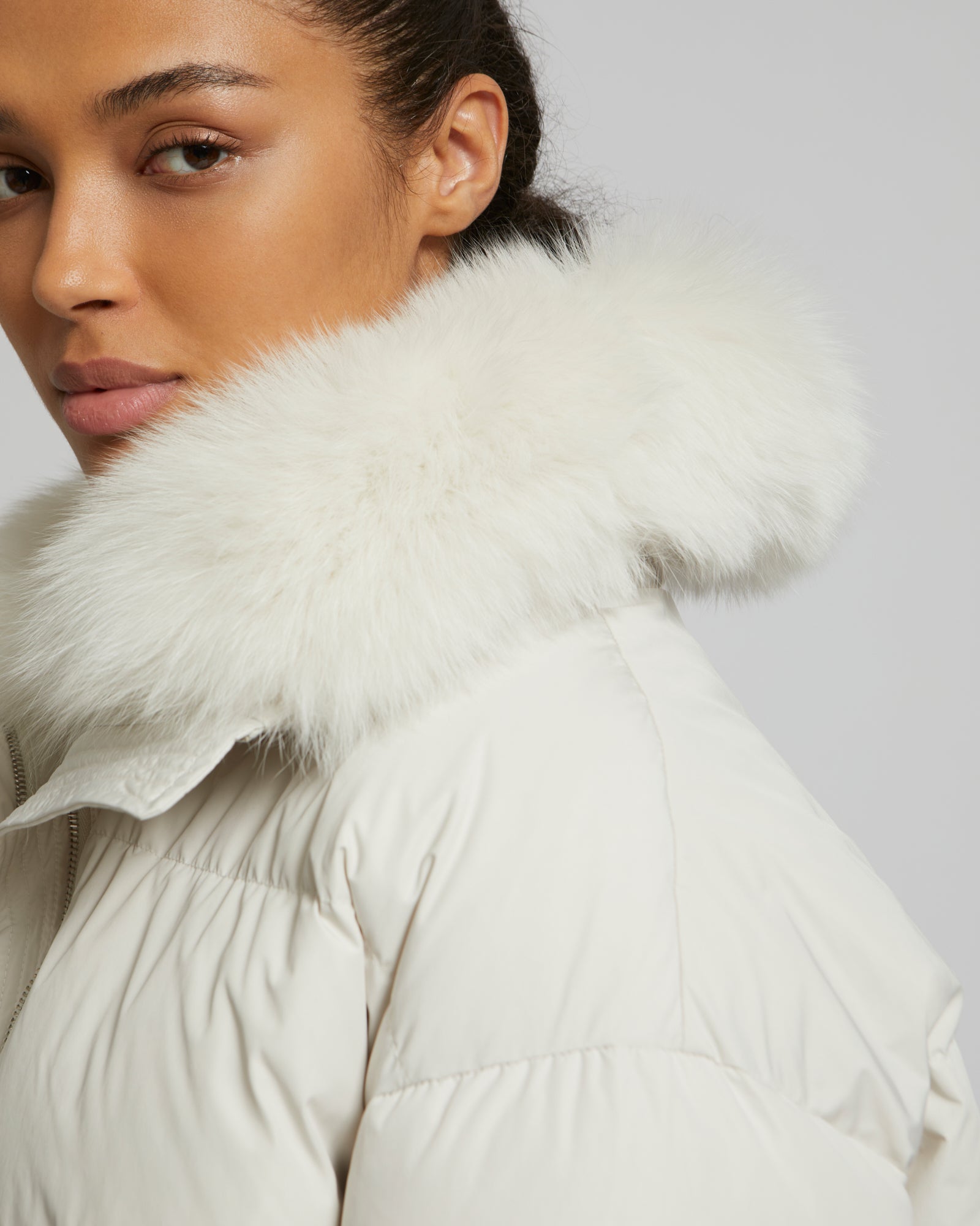 その他 BLANCHA 'Nylon Diamond-Visone' long down jacket Boxy down jacket in waterproof technical fabric with fox fur