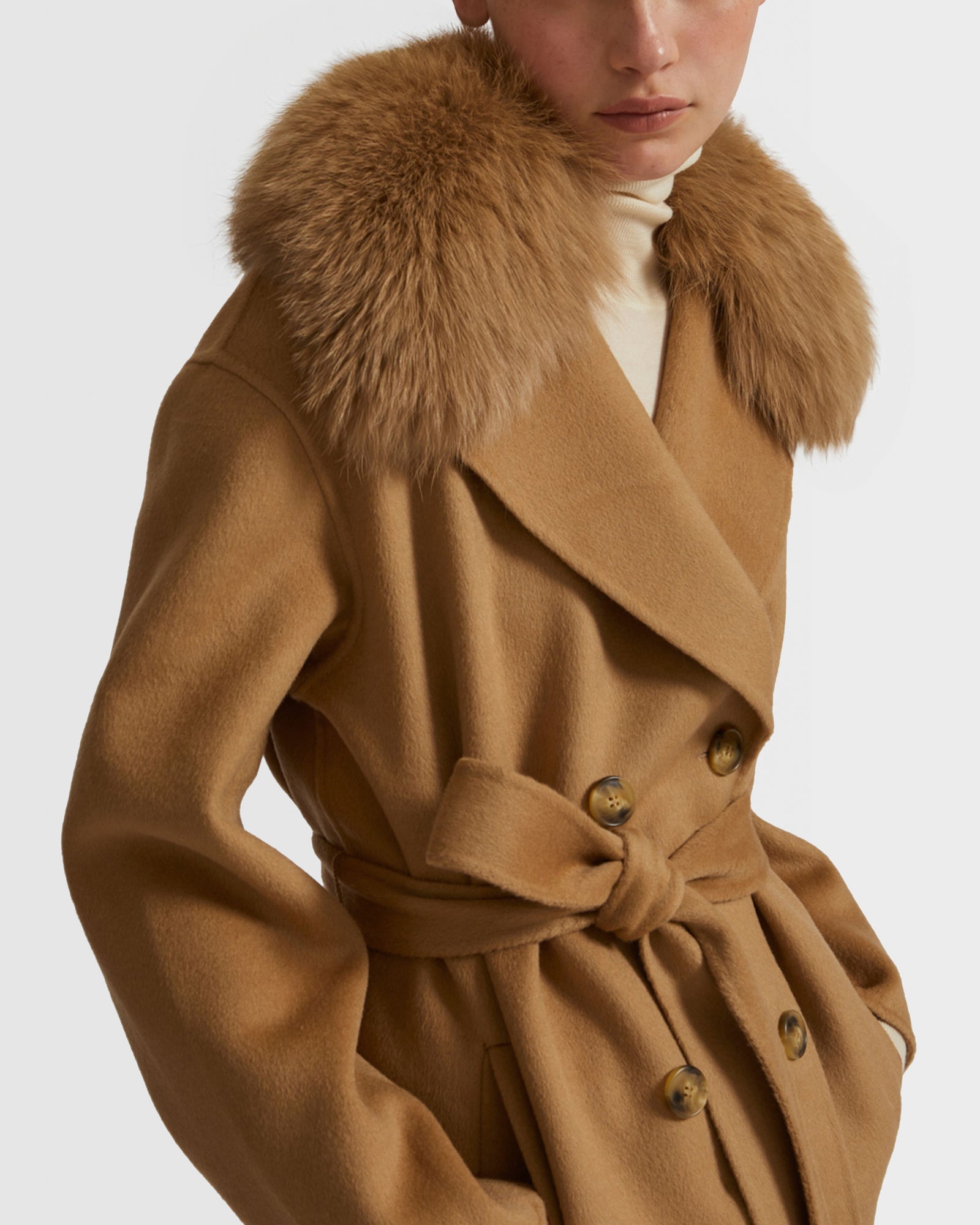 Cashmere wool peacot with fox fur collar - beige - Yves Cashmere wool peacot with fox fur collar - beige - Yves