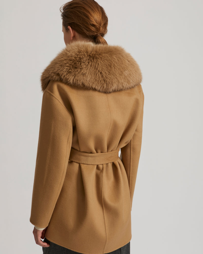 Cashmere wool peacot with fox fur collar - beige - Yves Salomon