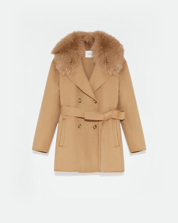 Cashmere wool peacot with fox fur collar - beige - Yves Salomon