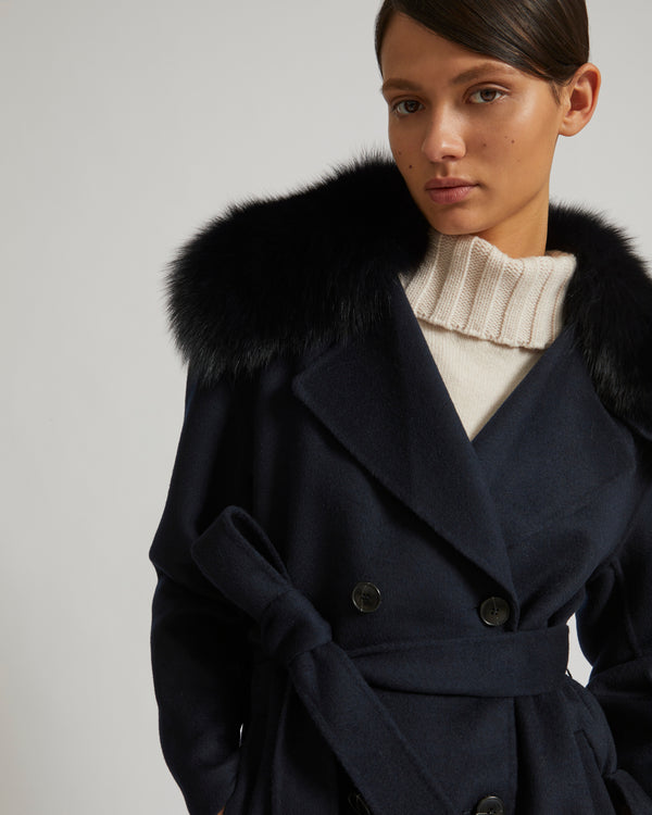 Real Cashmere Wool Coat Winter Women Rex Rabbit Fur Collar Cuffs Overcoat  Belted
