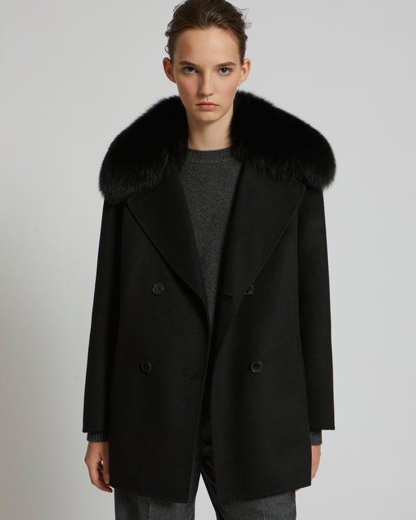 Cashmere wool peacot with fox fur collar - black - Yves Salomon