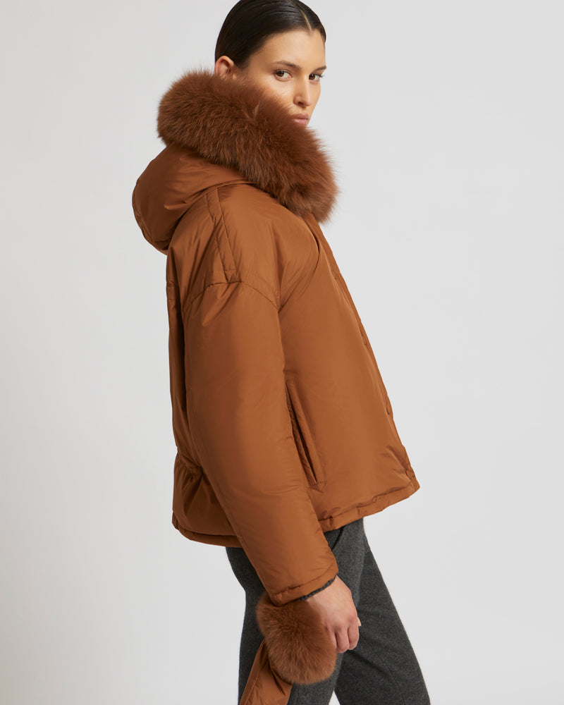 WATER REPELLENT FAUX FUR TRIM HOODED DOWN PUFFER JACKET - Brown