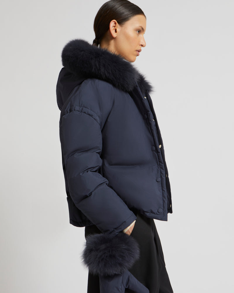 jacket Boxy - with in Salomon fabric Yves hood waterproof – US Yves navy technical - trim Salomon fox down