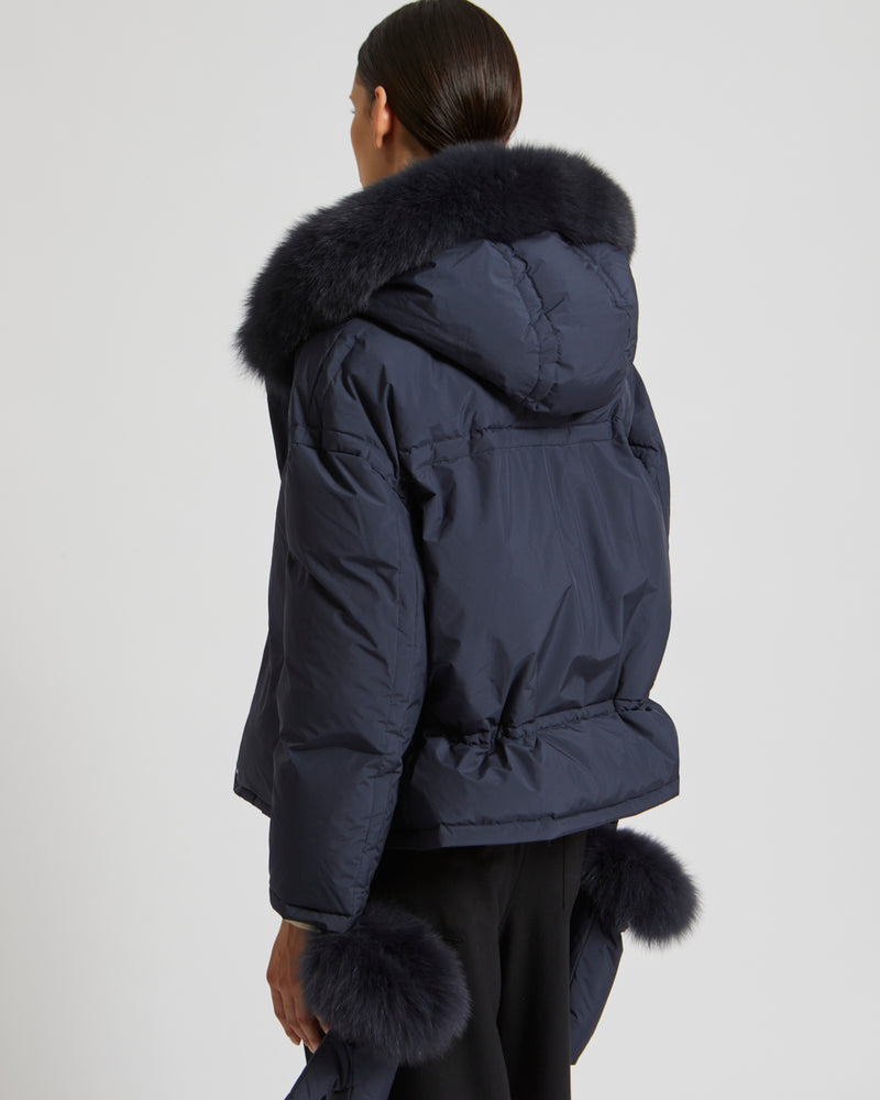 Boxy down jacket in waterproof technical fabric with fox hood trim - navy - Yves Salomon