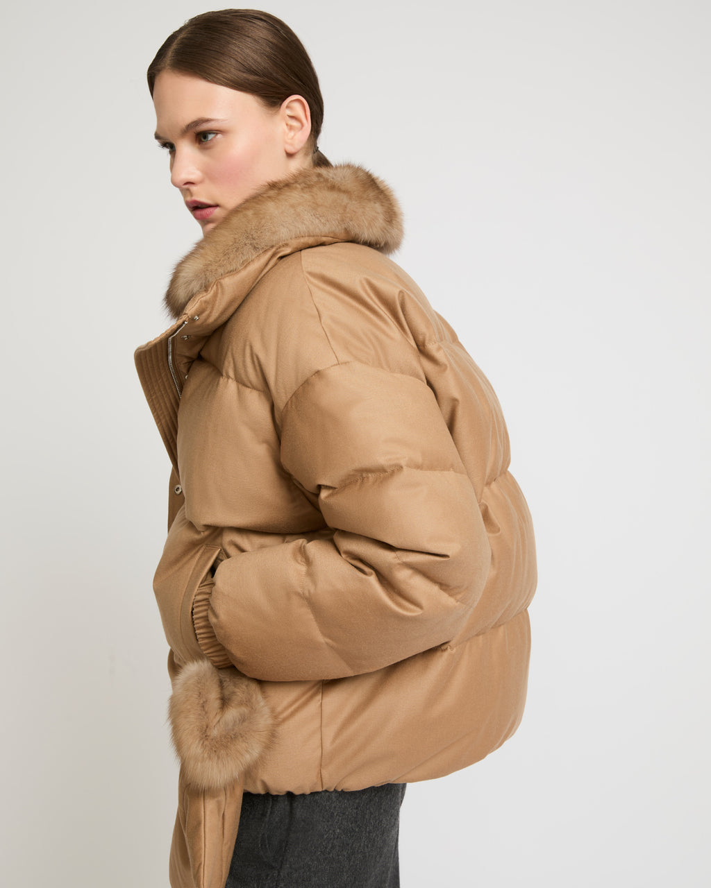 Short down jacket in Loro Piana flannel fabric with detachable sable collar  - camel - Yves Salomon – Yves Salomon US