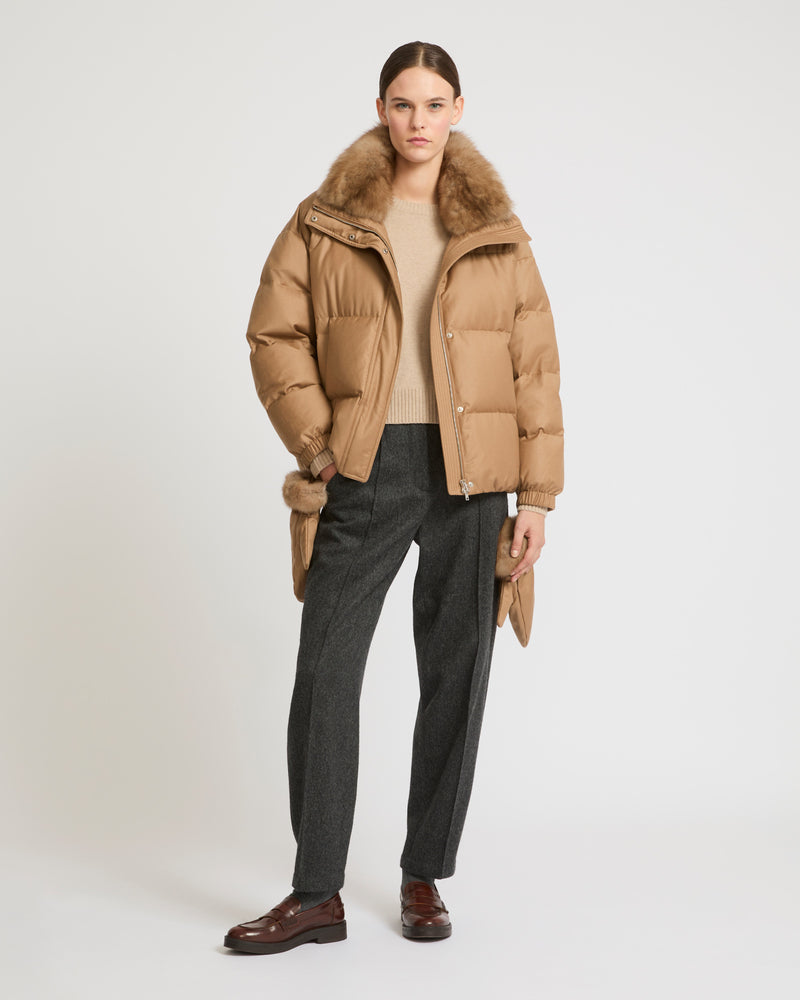 Short down jacket in Loro Piana flannel fabric with detachable sable collar - camel - Yves Salomon